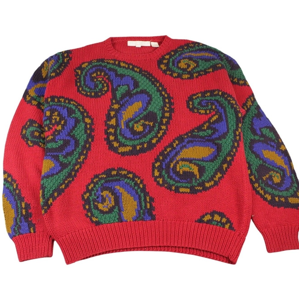 Vintage Perry Ellis‎ Paisley Intarsia Cotton Sweater Red Womens M 90s Art Knit